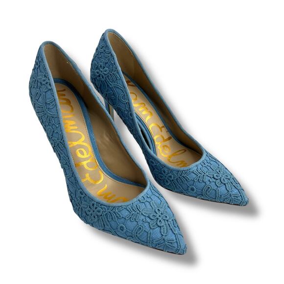 Sam Edelman Hazel Heels Size 5.5 Royal Sky Blue Lace Pointy Toe Stiletto Pumps - Picture 12 of 12